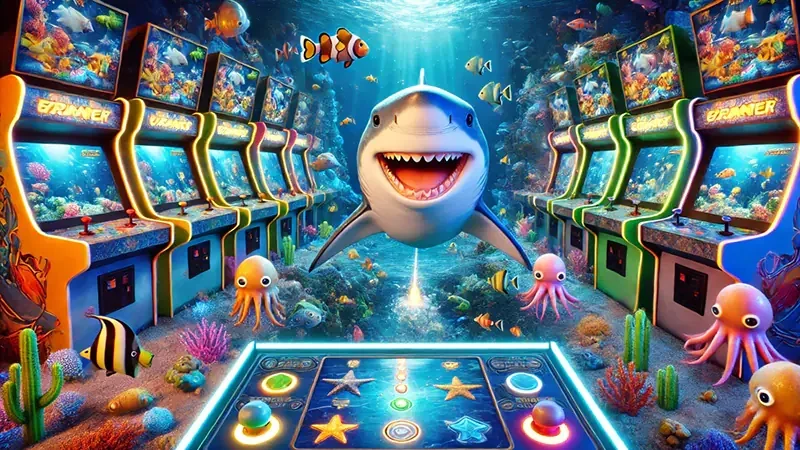 Layar arcade tembak ikan dengan beragam sasaran laut